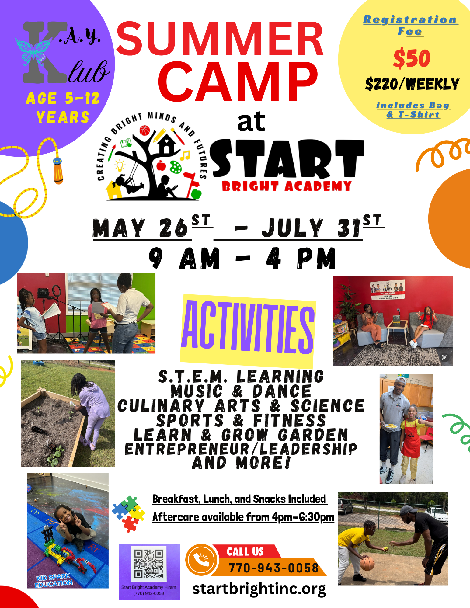 Start Bright Academy Summer Camp flyer for ages 5 to 12, running May 26, 2026 through July 31, 2026