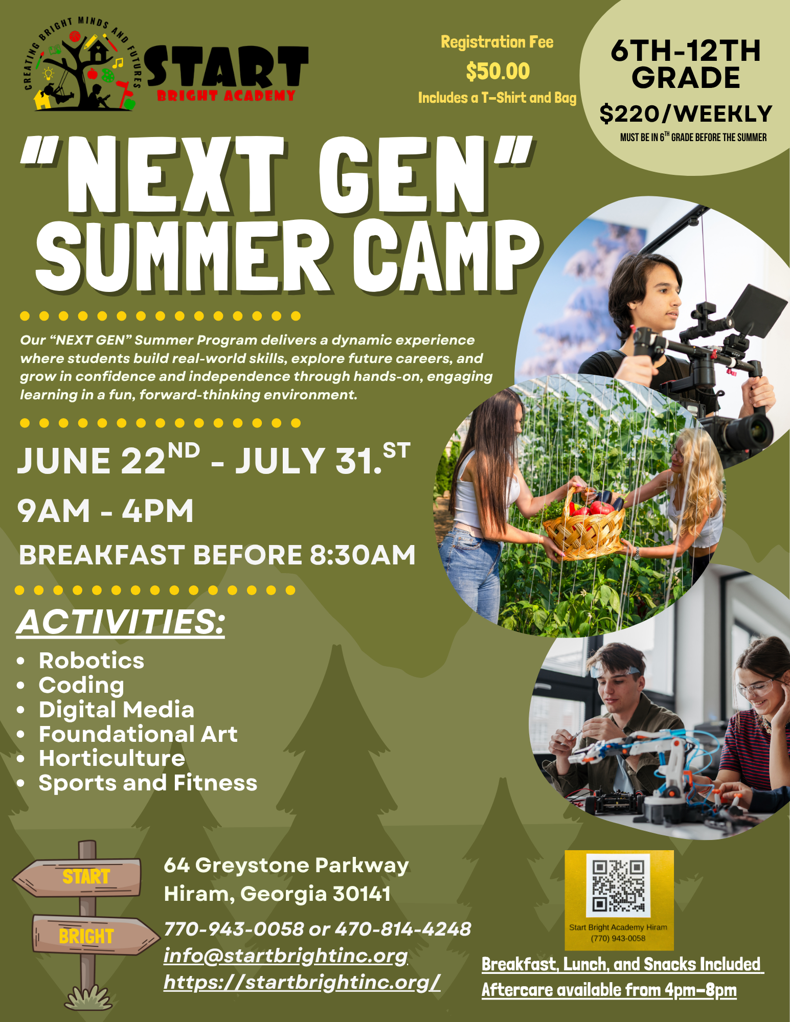 Start Bright Academy Next Gen Summer Camp flyer for grades 6 through 12, running June 22, 2026 through July 31, 2026